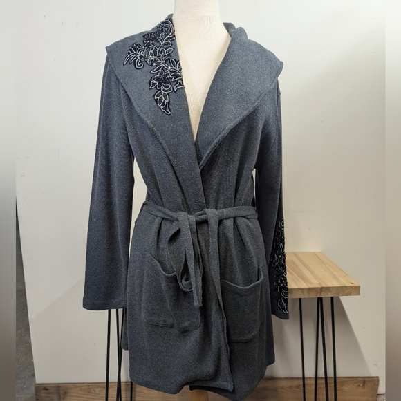 Soft Surroundings Charcoal Gray Embroidered Sweater Jacket Shawl Collar L Belted - Picture 1 of 9